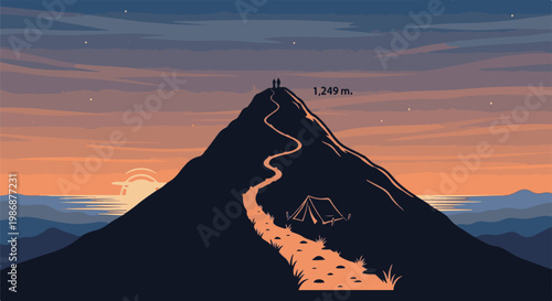 Mountain summit at sunset with hikers, tent, and ocean view