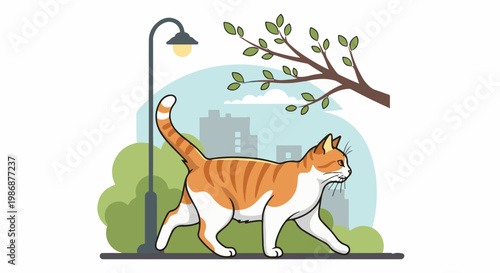 Orange and white cat walks past a lamppost in a park setting