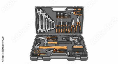Open toolbox filled with various hand and power tools, ready for use
