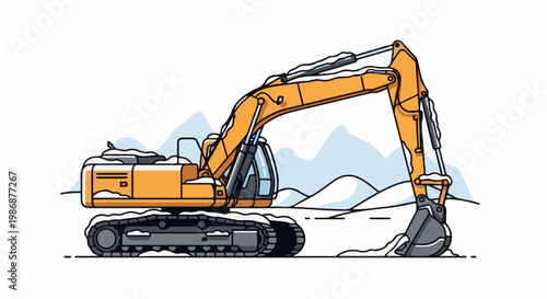 Orange excavator in snow-covered mountainous landscape, illustration