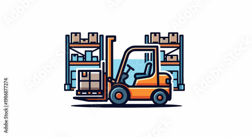 Orange forklift operating in a warehouse with stacked boxes on shelves