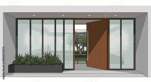 Modern entrance with open wooden door revealing a courtyard