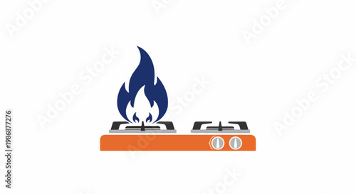 Orange gas stove with a blue flame on one burner