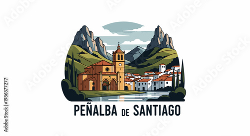 Mountain village with church and river, serene natural beauty