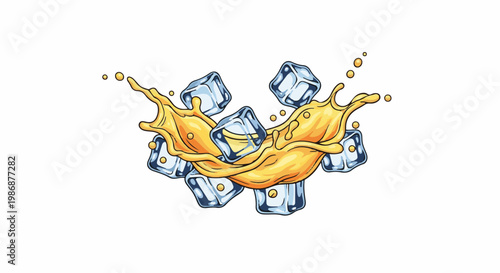 Orange liquid splash with ice cubes and small droplets on white background
