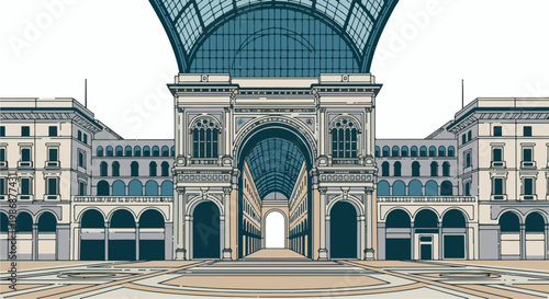 Ornate arched arcade with glass roof leads to a sunlit walkway