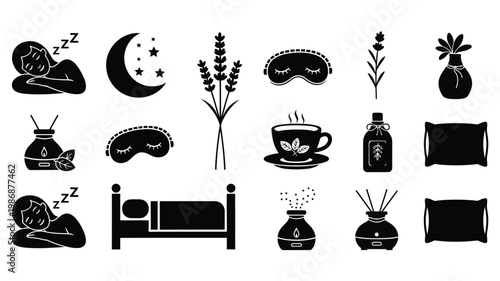 Sleep themed icons featuring a crescent moon and resting figures silhouette