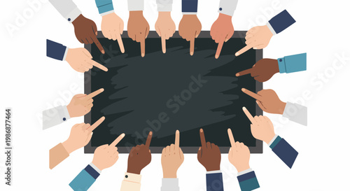 Multiple hands point at a dark blank screen