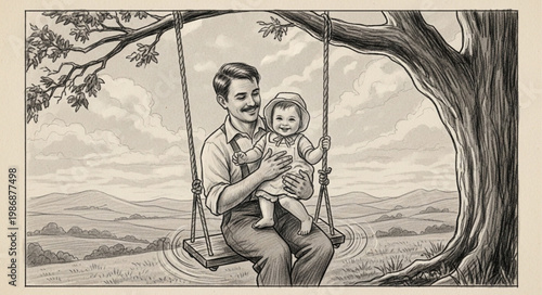 Father And Child Sitting Together On Swing.