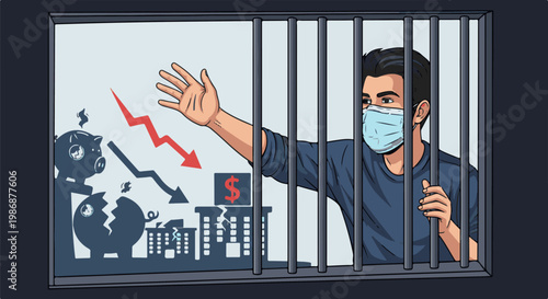 Man in mask behind bars with failing economy symbols