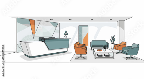 Modern reception area with a desk, seating, and plants