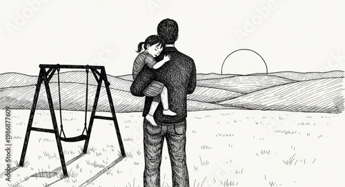 Father Holding Child Standing Outdoors Facing Sunset.