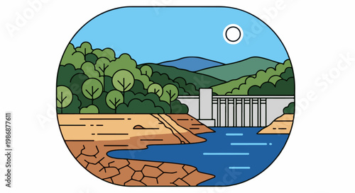 Minimalist illustration of a dam holding back blue water amid forested hills