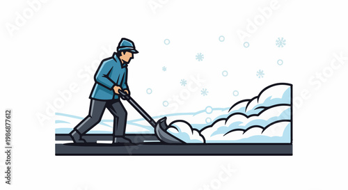 Man in hat shoveling snow during a winter snowfall