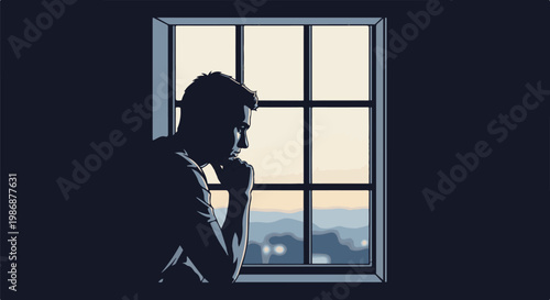 Man in silhouette gazes thoughtfully out a window at a distant city
