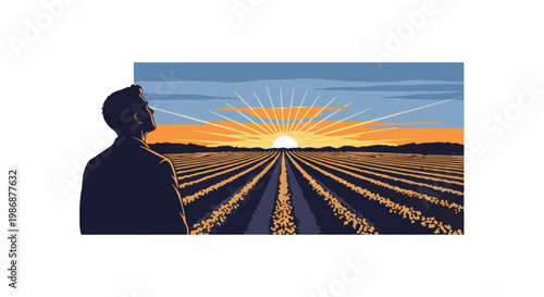 Man in silhouette observes sunrise over neatly tilled farm fields