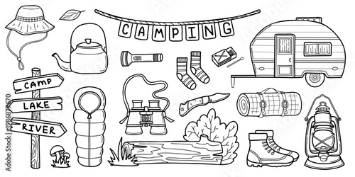 Van tourism and summer camping equipment vector illustrations in doodle style on white background. Outline camping gear and travel tools hand drawn icon collection. Summer outdoor rest concept