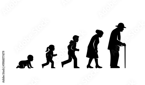 A conceptual black silhouette illustration of human life stages arranged in an upward curved progression on a solid white background. The sequence begins with a crawling infant, followed by a playful 