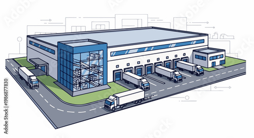Modern warehouse with loading docks and delivery trucks