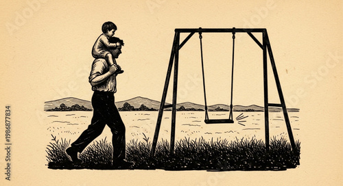 Father carrying child on shoulders walking forward together.