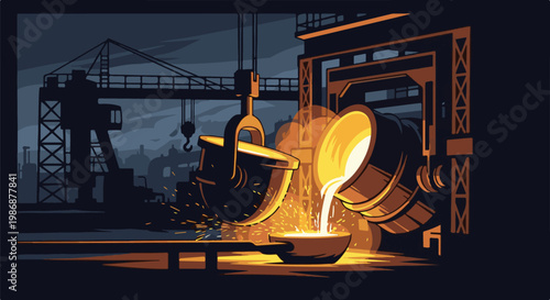 Molten metal pouring from ladle into crucible, industrial foundry scene