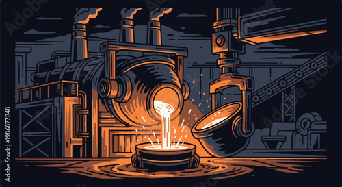 Molten metal pouring from crucible into mold in industrial setting