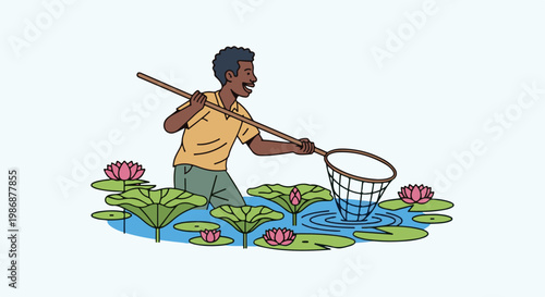Man with net in pond surrounded by lily pads and flowers