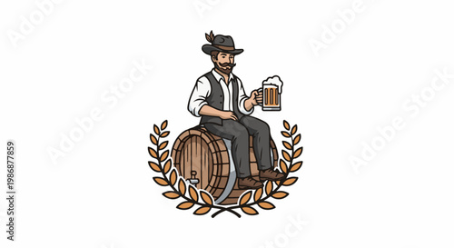 Man with beard and hat sitting on barrel holding beer mug