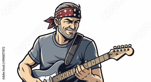 Man with bandana and electric guitar, playing music energetically