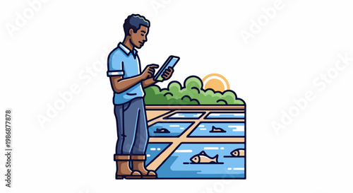 Man with tablet monitors fish farm with rows of pools and green foliage