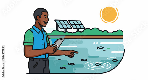 Man with tablet monitors fish in pond near solar panels