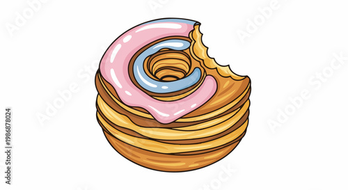 Layered pastry with pink and blue glaze, partially eaten