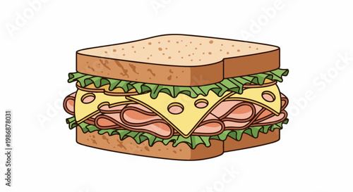 Layered sandwich with ham, cheese, and lettuce between two slices of bread
