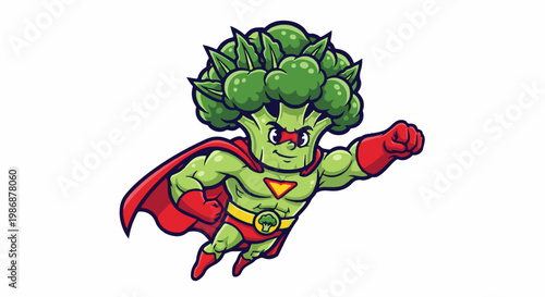 Muscular superhero broccoli flies with red cape and mask