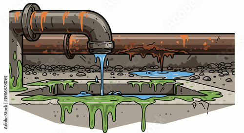 Leaking industrial pipes drip dirty water and green slime onto concrete