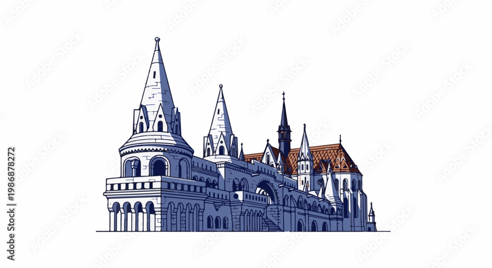 Fototapeta premium Ornate gothic structure with pointed spires, arched windows, and tiled roofs