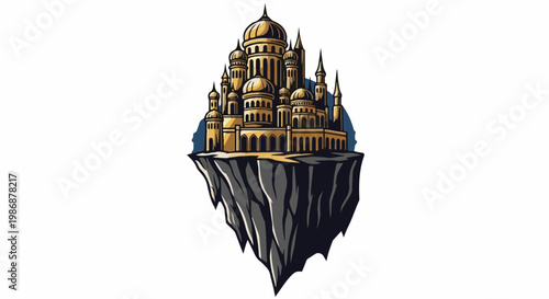 Ornate golden palace rests atop a jagged, floating island