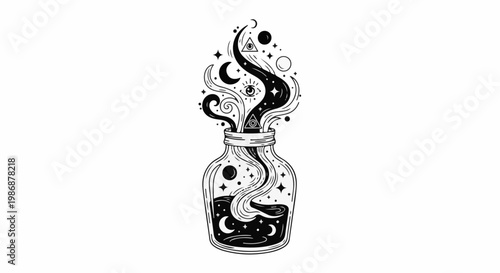 Mystical jar overflowing with celestial and cosmic elements