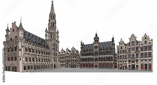 Ornate Gothic and Baroque buildings with a tall spire form a city square panorama