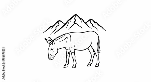 Line art donkey stands with head bowed before stylized mountains in background