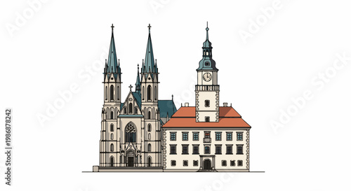 Ornate Gothic cathedral and clock tower beside a tiled-roof building