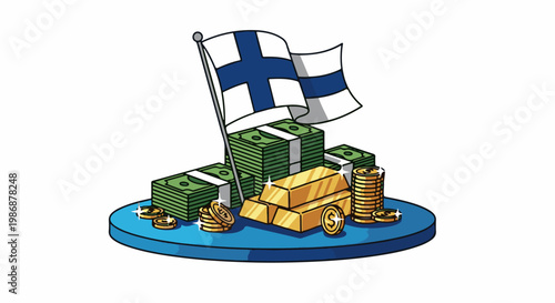 National wealth Finnish flag with money, gold bars and coins