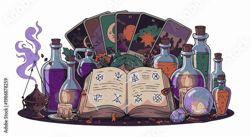Mystical setup with potion bottles, tarot cards, crystal ball, and ancient book