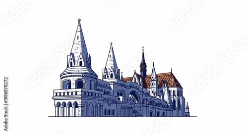 Ornate gothic structure with pointed spires, arched windows, and tiled roofs