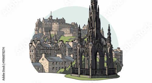 Ornate Gothic monument and castle on a hill with town below