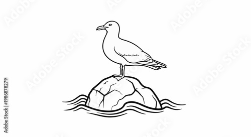 Line art illustration of a seagull perched on a rock in the ocean
