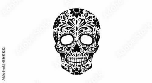 Ornate black skull design with floral and swirling patterns