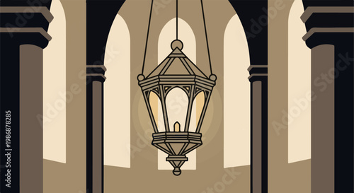 Ornate hanging lantern illuminates arched interior with grand columns