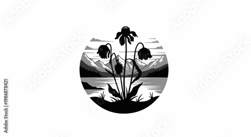 Monochromatic silhouette of wildflowers against a mountainous lake landscape
