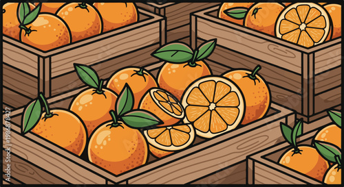 Numerous oranges fill wooden crates, some sliced open to reveal segments
